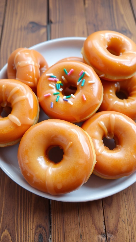 A plate of golden glazed donuts with sprinkles on a rustic wooden table.